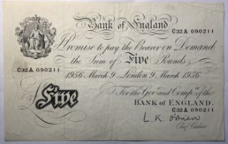 Bank of England £5 Banknote, L.K. O’Brien, Prefix C32A. Dated London 9th March 1956.