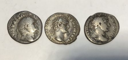 Three Roman Silver Denarius to Vespasian, Domitian and Trajan.
