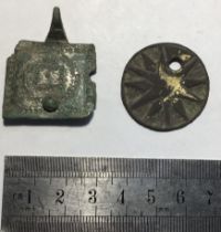 Two Medieval 1200-1300 century copper alloy harness pendant. It is a flat rectangular shape