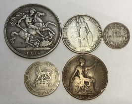 Edward VII Silver & Copper Coins includes 1902 Crown, Florin & Sixpence with 1904 Shilling and