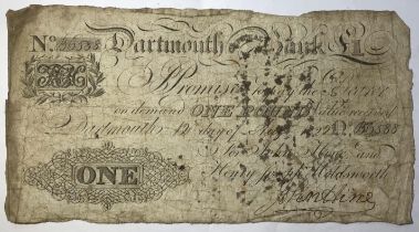 Dartmouth General Bank £1 Banknote, dated 12th Aug-t 1822, signed by John Hine. Hand written note to