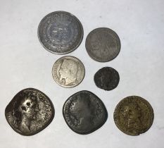 7 Coins dating from Roman to Milled. including Four Roman Bronze/Copper alloy coins with Silver