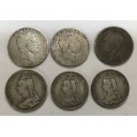 Small collection of British Crowns and Double Florin, George III to Victoria (6)