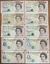 Bank of England £5 Banknotes, includes Four G.M. Gill, Two G.B.A Kentfield one low Prefix the