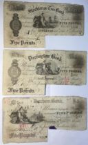 Three discontinued Provincial £5 Banknotes of Stockton on Tees Bank 1882, Darlington Bank 1887 and