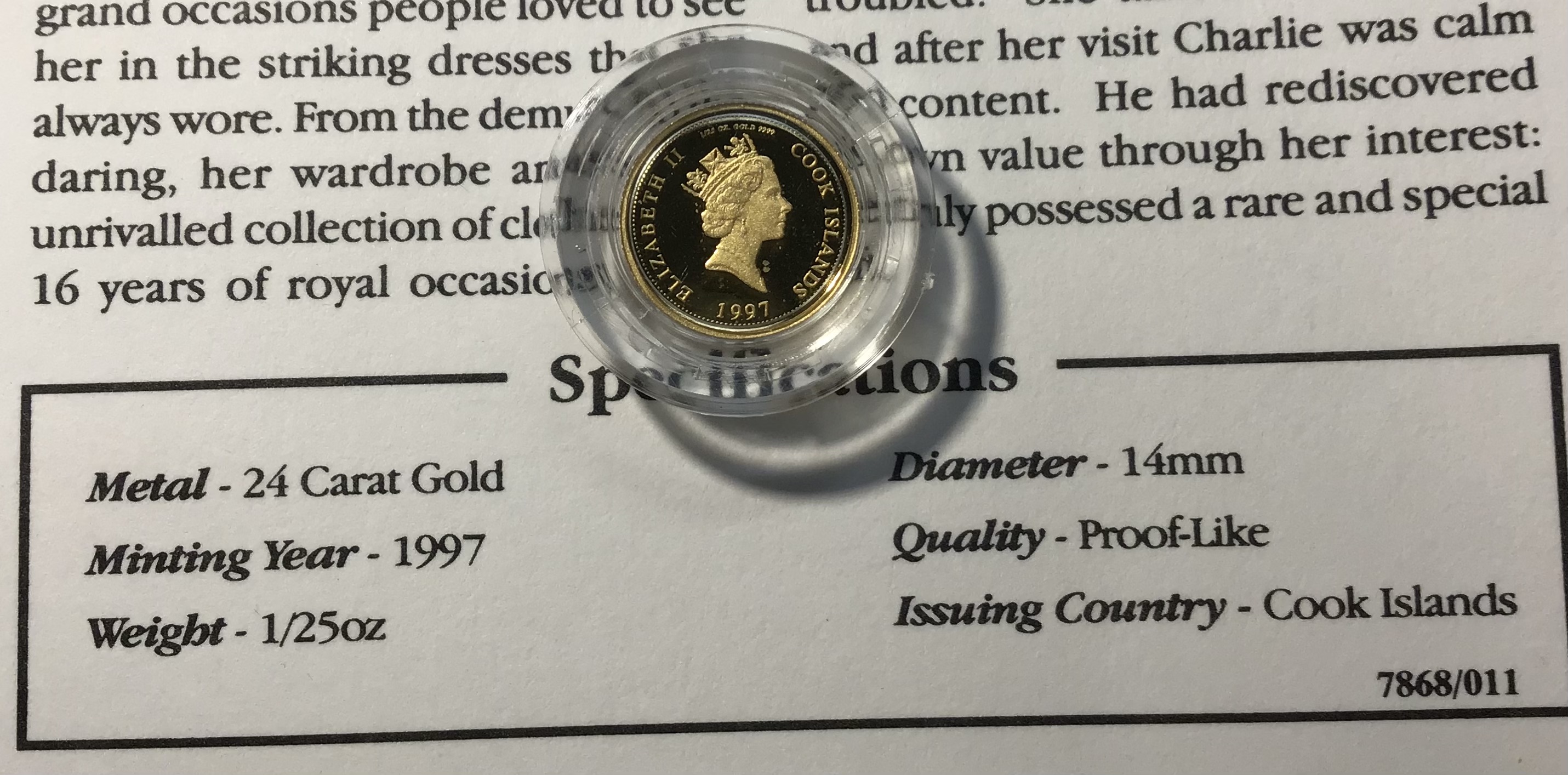 Cook Islands 24ct Gold 1/25oz 1997 $5 Coin in capsules. Commemorating Princes Diana, comes with