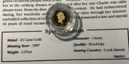 Cook Islands 24ct Gold 1/25oz 1997 $5 Coin in capsules. Commemorating Princes Diana, comes with