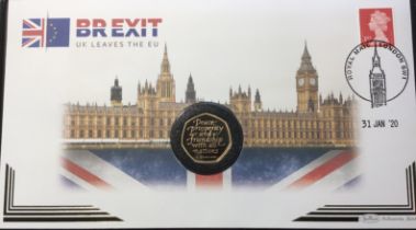 Royal Mint Gold Proof 2020 Brexit 50p put into a Harrington & Byrne First day cover, In original