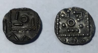 Two Early Anglo-Saxon Silver Sceat, Porcupine Type, Series E. Obverse: stylised bird, with the