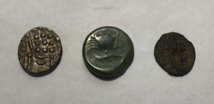 Three Ancient Coins, Celtic Durotriges mid 1st century BC to 1st Century AD Billon type Stater,
