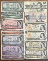 Collection of Canadian Elizabeth II Banknotes from 1954 to 1991.