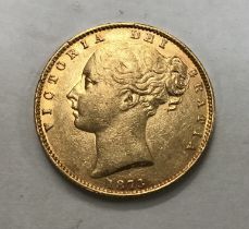 Victorian 1873 Young Head Shield Back Sovereign Die Number 9.