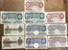 Bank of England £1 & 10 Shilling Banknotes, includes N. K. Warren Fisher, K. Peppiatt, P. S.