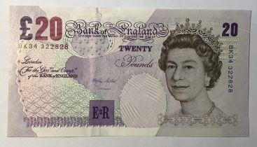 Rare Bank of England Error £20 Banknote, Missing Hologram, M. Lother 1999-2003, Prefix BK34