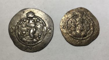 Two Sasanian Empire Silver Drachm Coins one Kavao I 484-531 the other Khusrau I 531-579AD.