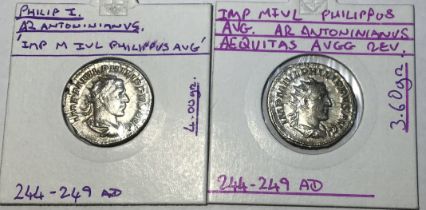 Two Philip I Silver Antoninianus (different reverse), good grade, See pictures for details.
