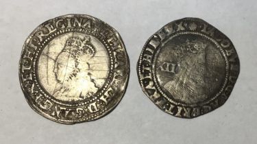 Elizabeth I Shilling (full flan) mm Cross Crosslet 1560-1 with James I Shilling mm Escallop 1606-7.