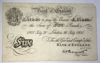 WW2 Operation Bernhard £5 Banknote, Prefix A/205 41546. (One corner tip missing)