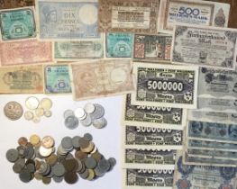 A small collection of coins and banknotes, including 1935 Crown, Netherlands silver coins with other