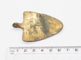 Large Medieval copper alloy gilded harness pendant in the shape of a shield. The circular suspension