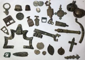 Collection of Metal Detector found Items Including Medieval Casket Handle, Key, Thimbles, Crotal