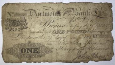 Dartmouth General Bank £1 Banknote, dated 29th Jan-y 1819, signed by John Hine.