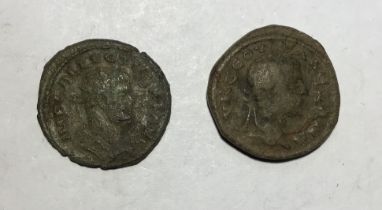 Two Roman Bronze coins of Allectus (Usurper in Britain) 293-296, Quinarius. Galley reverse & Severus