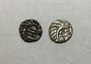 Two Early Anglo-Saxon Silver Sceat, Porcupine Type, Series E. Obverse: stylised bird, with the