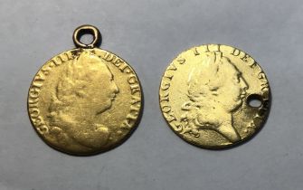 Two ex-mount George III Guineas dated 1779 (mounted loop) and 1793 (holed), both are in poor