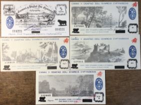 Welsh 1969-1972 Black Sheep Bank Banknotes of 10 Shillings, £1, £5, £10 and 5 swllt Banknotes.