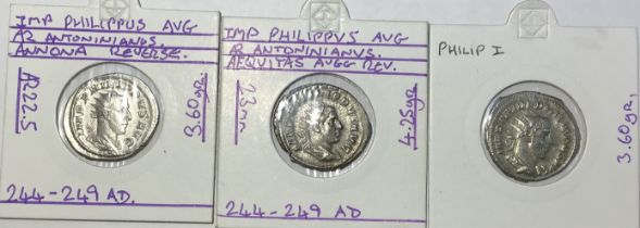 Three Philip I Silver Antoninianus (different reverse), good grade, See pictures for details.