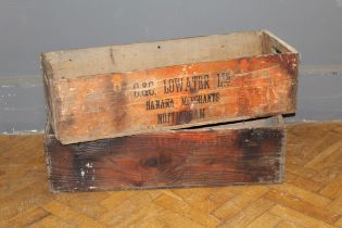 Two mid 20th century wooden banana boxes bearing merchant details, wax treated. 87cm wide x 29cm
