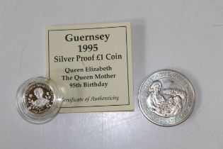 1995 Guernsey silver proof one pound coin, 1995 Alderney Queen Mother five pounds commemorative