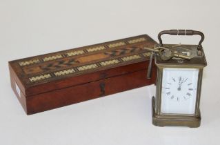 An Edwardian mahogany, specimen wood and bone cribbage board box, containing a set of bone dominoes,