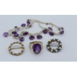 A collection of vintage and antique jewellery. Comprising an unmarked yellow metal wirework amethyst