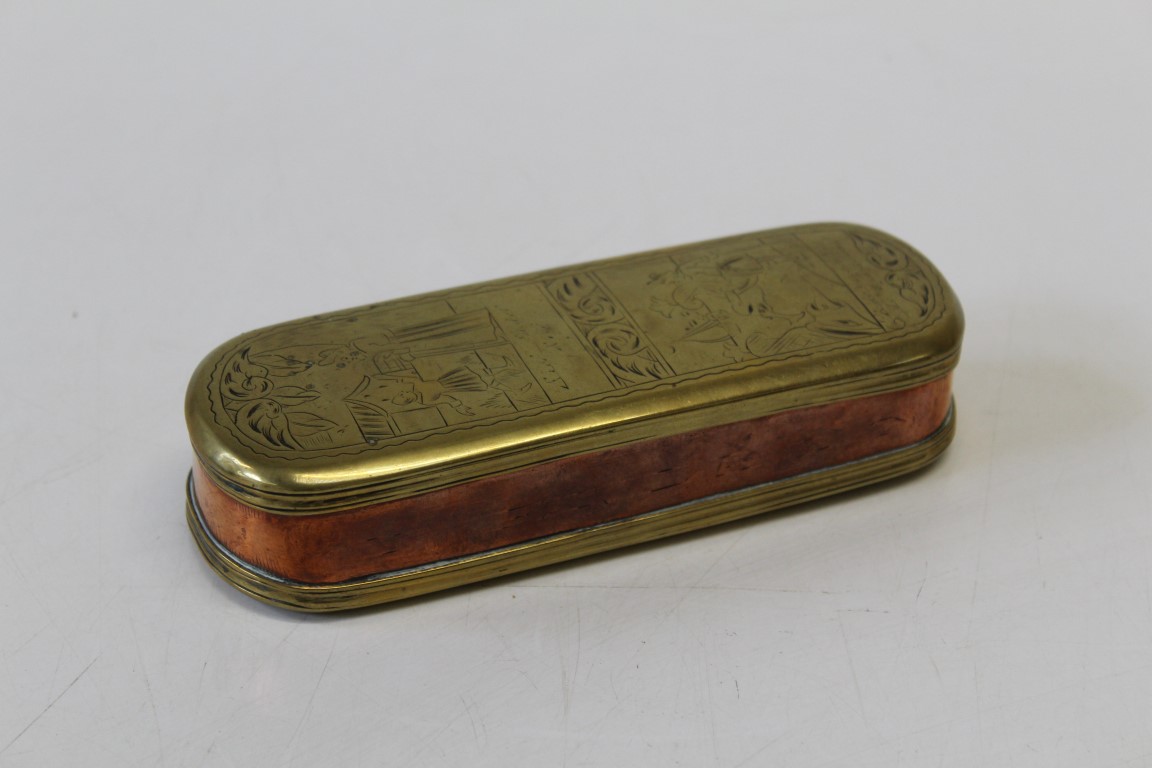 A mid 17th century brass and copper Dutch tobacco box, the oblong shape with rounded ends, the