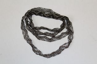 An early 20th century steel beaded lace ribbon necklace. Featuring a zig zag pattern. Approximate
