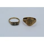 A collection of gold rings. Comprising a 9ct gold signet ring, size R; a 9ct gold three stone