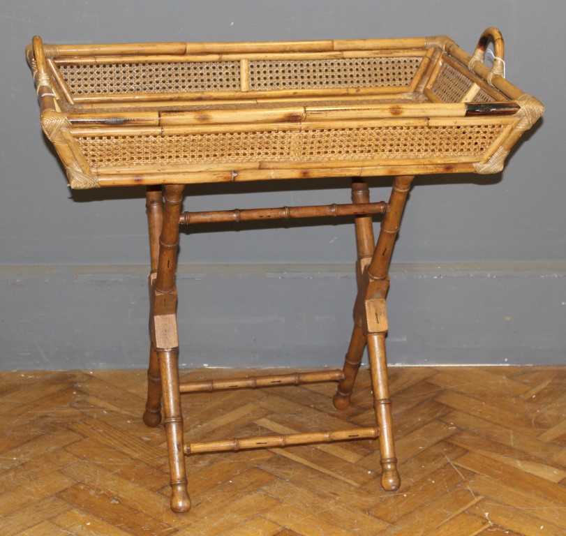 A 20th century bamboo and cane butler's tray on a cross frame stand, 88 x 88 x 58cm ( maximum