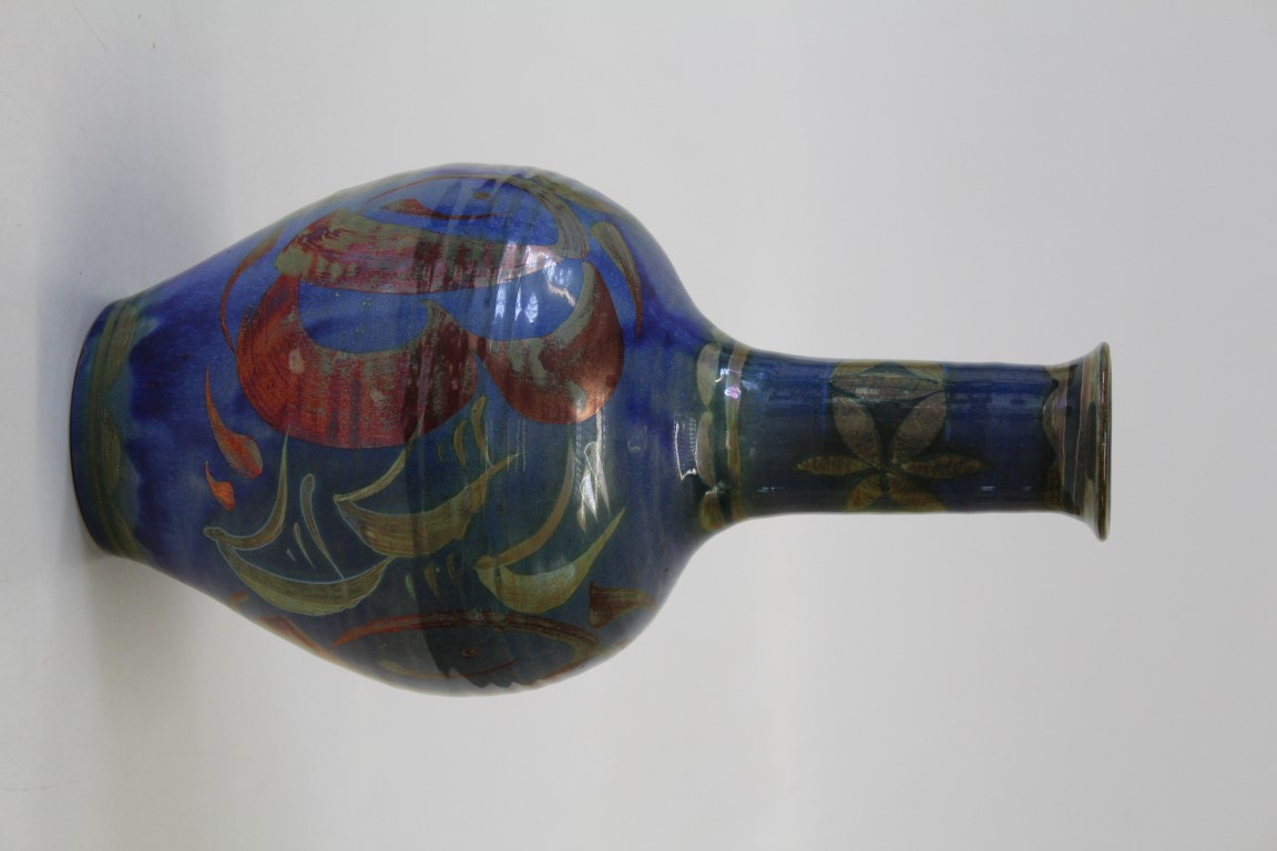 Alan Caiger- Smith 1930 -2020 British  A blue ground baluster pottery vase decorated with polychrome