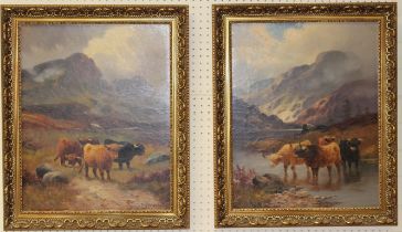 Charles W Oswold ( 19th/ 20th century) Highland Cattle watering in an extensive landscape. Oil on