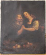 18th century Dutch School, possibly after Cornelis Van Haarlem. An amorous couple before a fruit