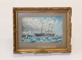 Edwardian English School, a three masted steamer and other shipping off the coast. Watercolour, 11 x