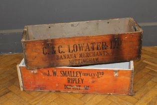 Two mid 20th century wooden banana boxes bearing merchant details, wax treated. 87cm wide x 29cm