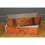 Two mid 20th century wooden banana boxes bearing merchant details, wax treated. 87cm wide x 29cm