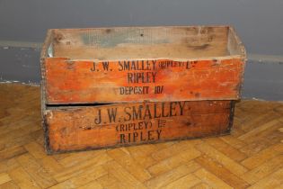 Two mid 20th century wooden banana boxes bearing merchant details, wax treated. 87cm wide x 29cm