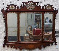 A George II style mahogany triple glass fret framed mirror, 86 x 100cm