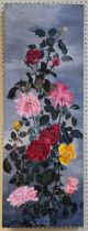 Early 20th century English School, still life study of climbing roses. Oil on canvas, 91 x 33cm, a