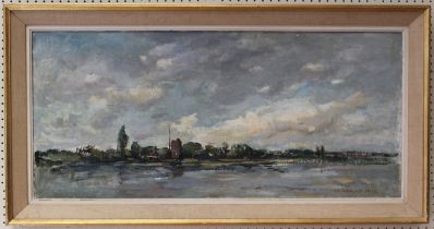 Adrian Hill 1897-1977 British Riverscape, oil on board, signed lower right, framed, 40 x 88cm