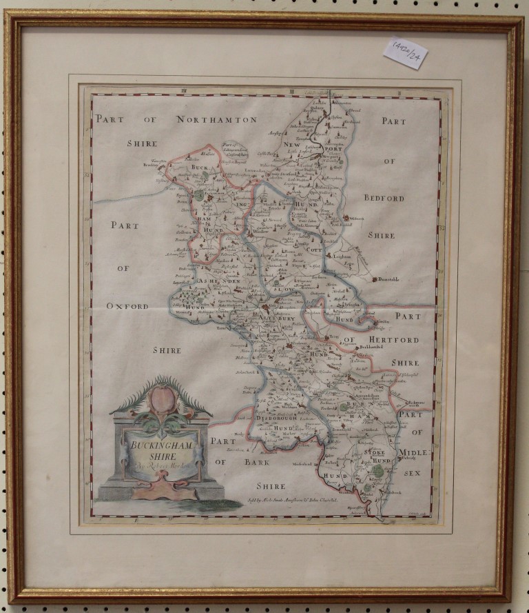 After Robert Morden A map of Buckinghamshire, engraved with hand colouring, framed, 41 x 35cm